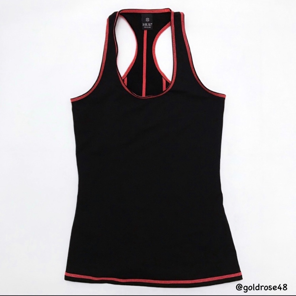 Hue black tank top with coral colored stitching